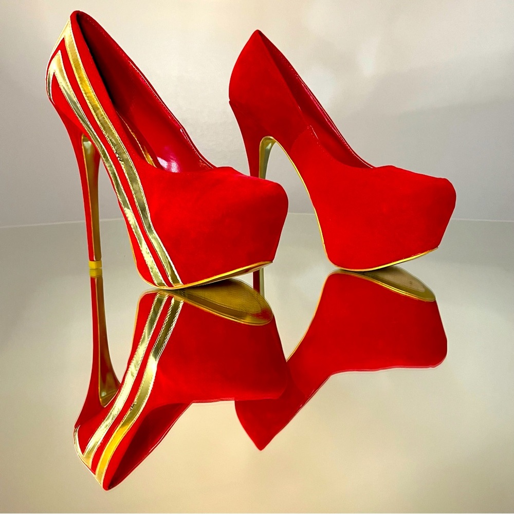 Sheikh RARE Red Velvet Platform Pumps w/Gold Accent